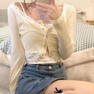 Lace Trim Cropped Cardigan / Floral Camisole Top