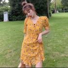 Floral Short-sleeve Ruffle Hem Mini A-line Dress