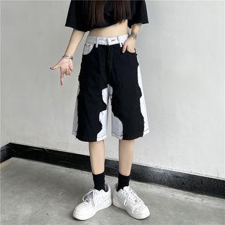 High Waist Patchwork Wide-leg Capri Jeans