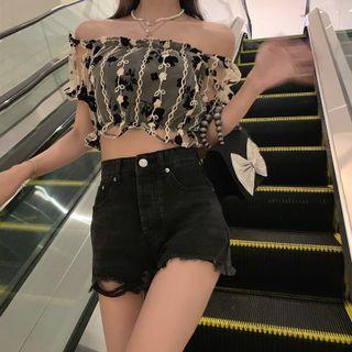 Short-sleeve Striped Polo Knit Top / Off-shoulder Floral Applique Crop Top / Distressed Denim Shorts
