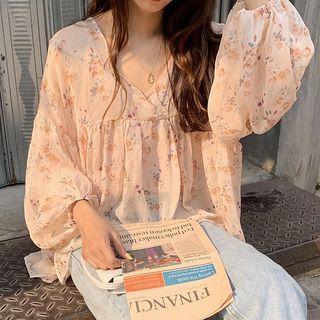 Set: Long-sleeve Floral Op + Camisole Top As Shown In Figure - One Size