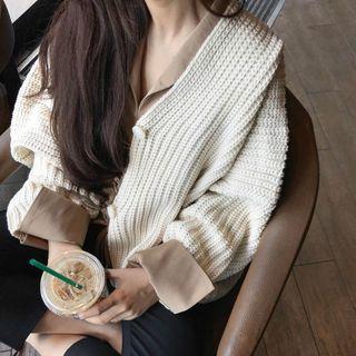Plain Batwing-sleeve Loose-fit Cardigan