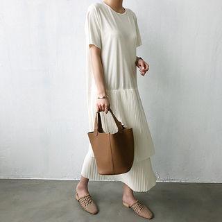 Short-sleeve Pleat-hem Long Dress