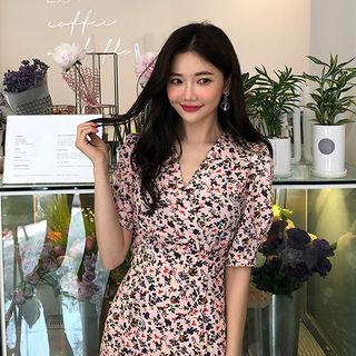 Puff-sleeve Floral Midi Sheath Dress