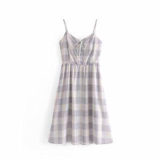 Spaghetti Strap Gingham Lace-up A-line Dress
