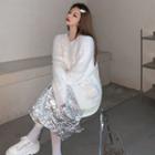 Fluffy Sweater / Print Midi Skirt / Chain Belt