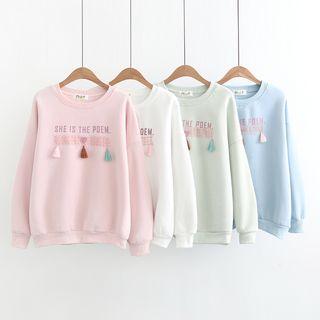 Lettering Paneled Tasseled Pullover