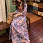 Elbow-sleeve Embroidered Floral Print A-line Maxi Dress