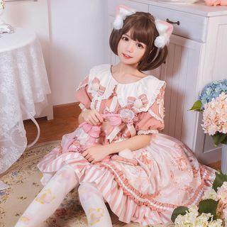 Short-sleeve Cat Print A-line Dress / Set