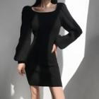 Long-sleeve Knit Mini Sheath Dress Black - One Size