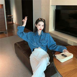 Leopard Print Cropped Denim Shirt As Shown In Figure - One Size