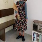 Turtleneck Long-sleeve Top / Flower Print Sleeveless Midi A-line Dress
