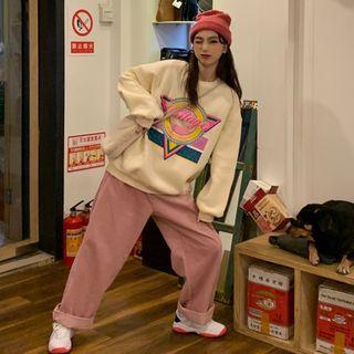 Lettering Print Sweatshirt / Wide-leg Corduroy Pants