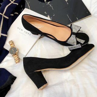 Rhinestone Bow Block Heel Pumps