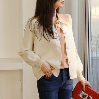 Bishop-sleeve Faux-pearl Button-up Cardigan