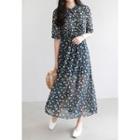 Elbow-sleeve Floral Chiffon Long Dress With Sash