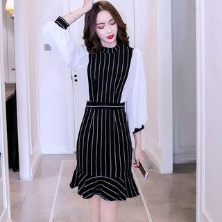 Striped Lantern-sleeve Midi Sheath Dress