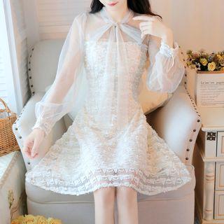 Tie-neck Mesh-panel A-line Dress