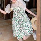 Short-sleeve Mesh Blouse / Spaghetti Strap Floral Print Mini Dress