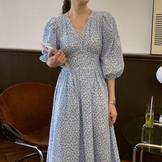 Puff-sleeve Cutout-back Floral Maxi A-line Dress Light Blue - One Size