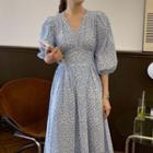 Puff-sleeve Cutout-back Floral Maxi A-line Dress Light Blue - One Size