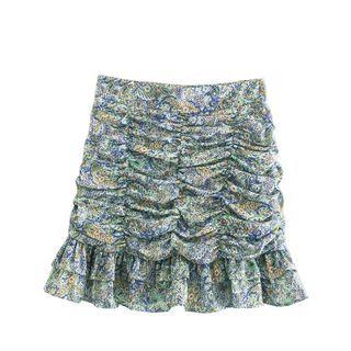 Paisley Print Ruched Mini Mermaid Skirt