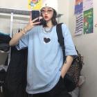 Short-sleeve Heart Embroidered T-shirt Blue - One Size