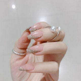 Glitter Faux Nail Tips R187 - Nude Pink & Gold - One Size