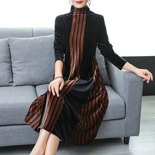 Turtleneck Striped Long-sleeve A-line Dress