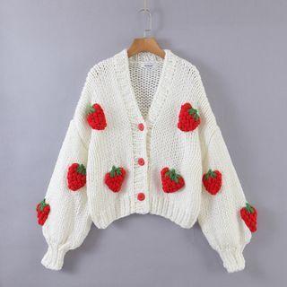 Strawberry Embroidery Cardigan White & Red - One Size