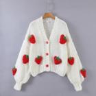 Strawberry Embroidery Cardigan White & Red - One Size