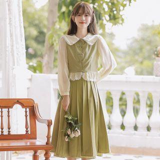 Set: Collared Two-tone Blouse + Pleated Midi A-line Skirt