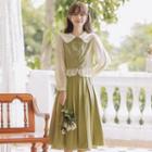 Set: Collared Two-tone Blouse + Pleated Midi A-line Skirt