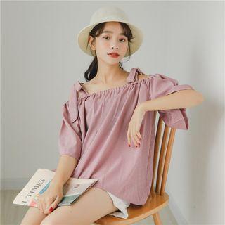 Striped Elbow-sleeve Cold-shoulder Top