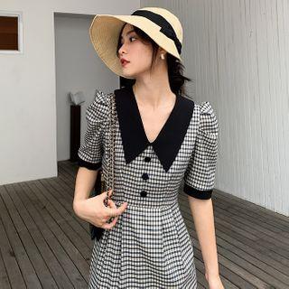 Plaid Short-sleeve Collared Midi Sheath Dress