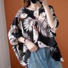 3/4-sleeve Leaf Print Blouse As Shown In Figure - One Size