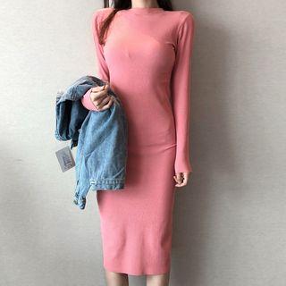 Plain Long-sleeve Midi Dress / Cropped Denim Jacket