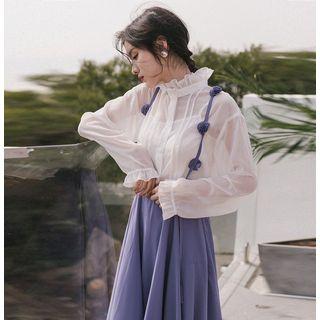 Set: Ruffle Trim Blouse + Camisole Top + High Waist Midi Suspender Skirt