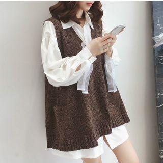 Set: Long-sleeve Mini Shirtdress + V-neck Knit Vest