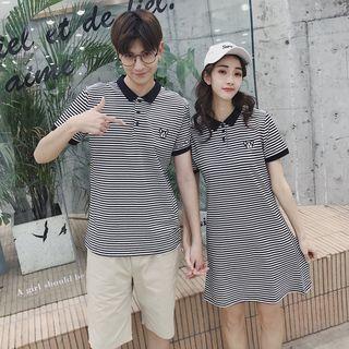 Couple Matching Striped Short-sleeve Polo Shirt / Polo Shirt Dress / Plain Shorts