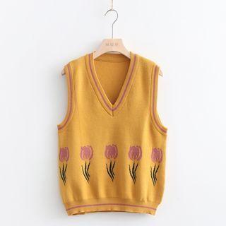 V-neck Flower Print Sweater Vest