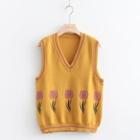 V-neck Flower Print Sweater Vest