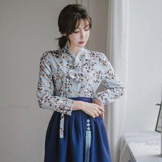 Set: Hanbok Top (floral / Sky Blue) + Skirt (maxi / Navy Blue)