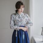 Set: Hanbok Top (floral / Sky Blue) + Skirt (maxi / Navy Blue)