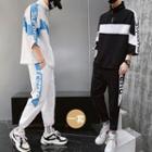 Set: 3/4-sleeve Letter Color Block Zip Placket Top + Contrast Trim Sweatpants