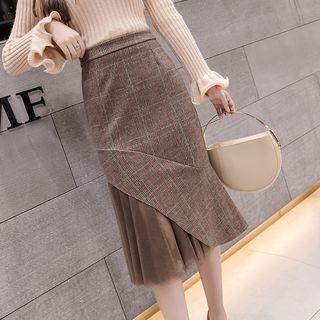 Plaid Mesh Panel Fish Tail Midi Skirt