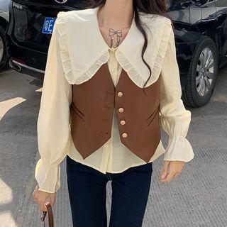 Plain Loose-fit Waistcoat/peter Pan Collar Blouse