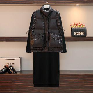 Long-sleeve Knit Shift Dress / Padded Vest