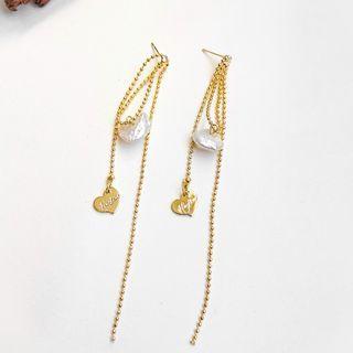 Genuine Pearl Chain Drop Earring 1 Pair - Gold - One Size