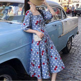 Puff-sleeve Cherry Print Midi A-line Dress